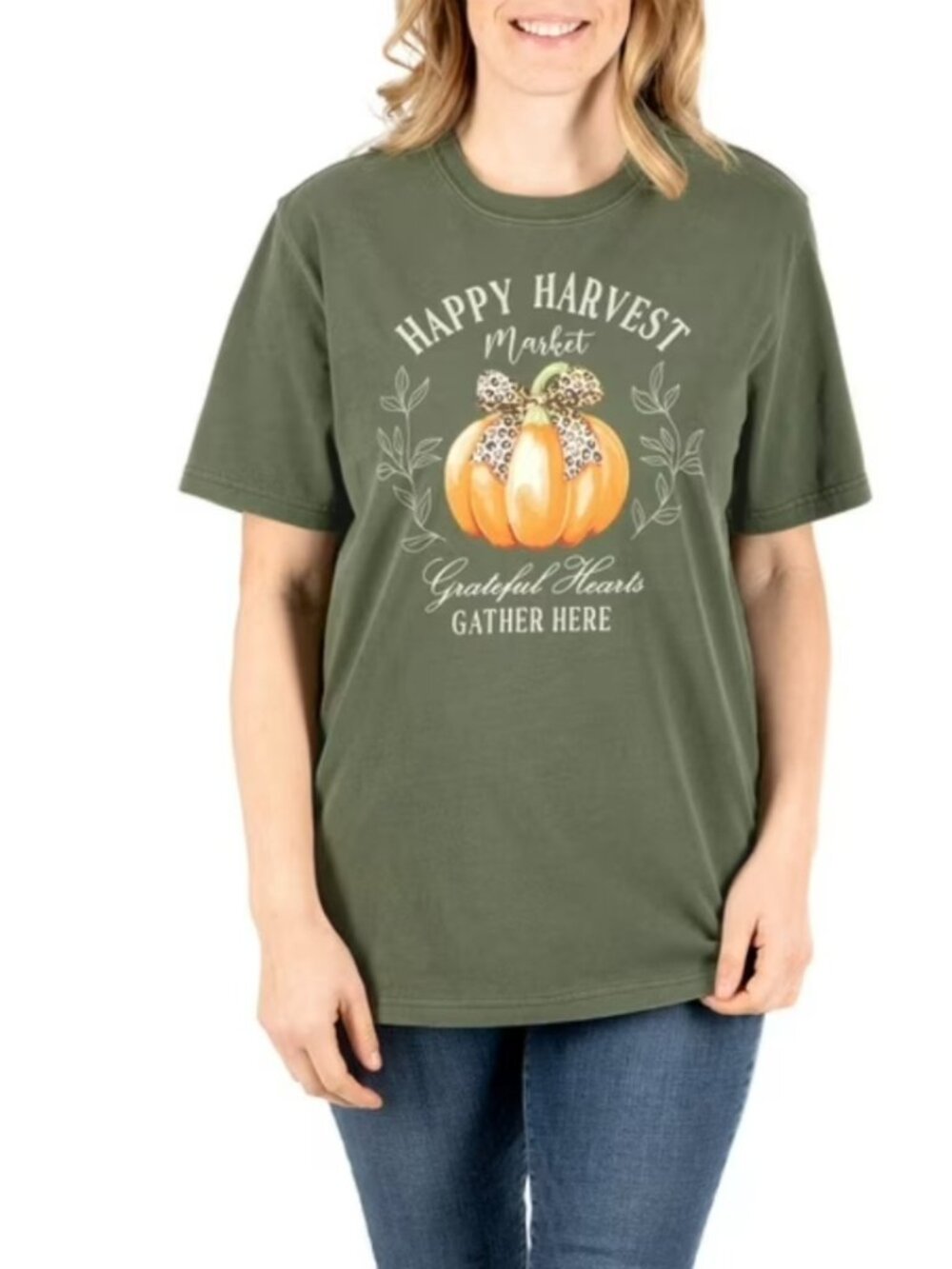 State of Mine Women's Happy Harvest Short Sleeve Crewneck Graphic T-Shirt Olive